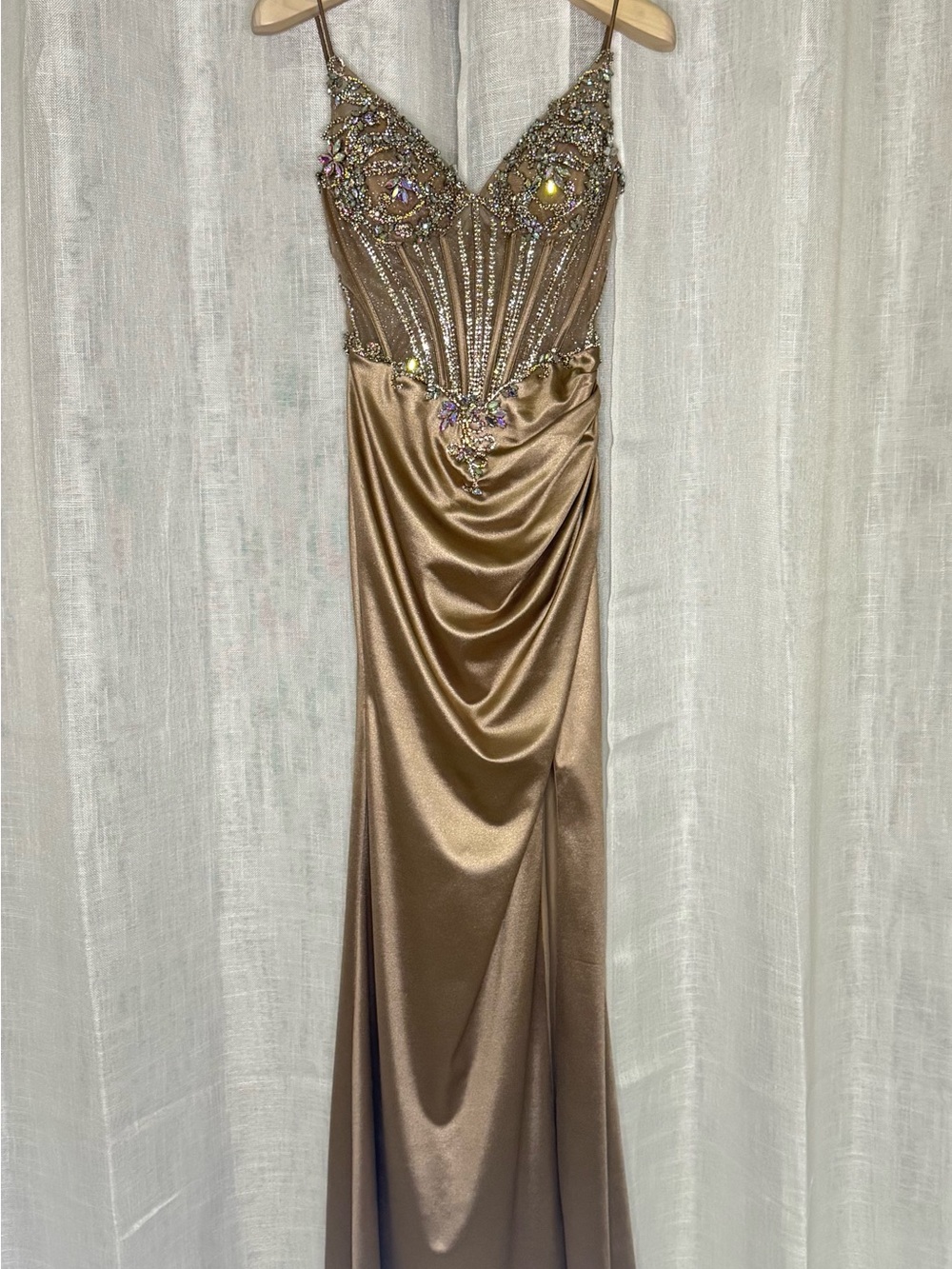 Ladivine Embellished Corset Satin Prom Dress Nude Mermaid Gown